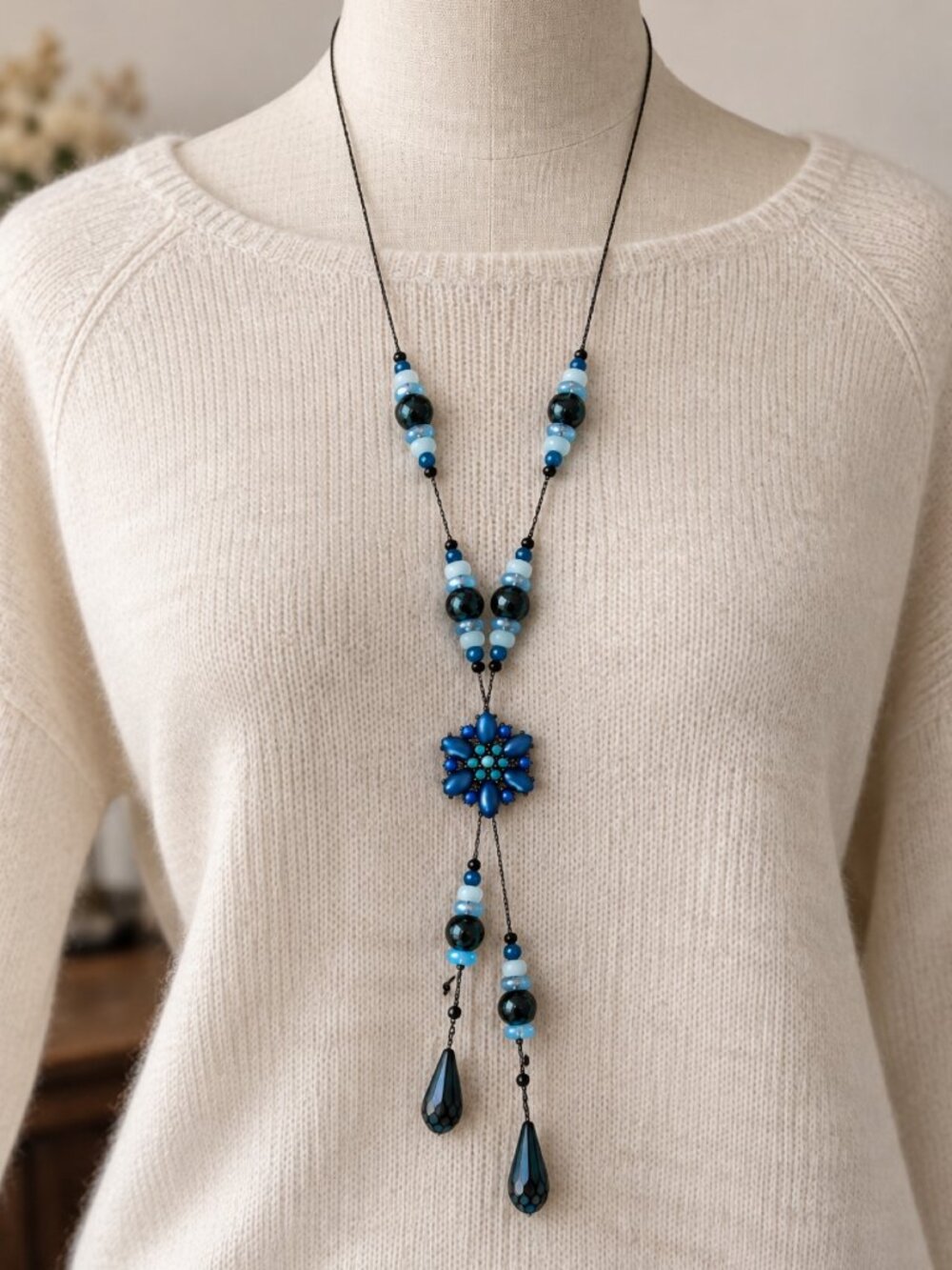 Blue Beaded Floral Y Necklace with Teardrop Dangles